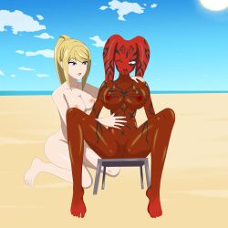 2girls alien_girl anoneysnufftan applying_sunscreen beach beach_chair beach_towel blonde_hair breasts chair crossover darth_talon eastern_and_western_character edasbild embarrassed embarrassed_nude_female female female_only humiliation imminent_death killer_lotion looking_down lotion massage metroid murder nintendo nipples nude ocean oil oiled peril punishment pussy red_skin rubbing samus_aran sand seaside shiny_skin sitting sky snuff star_wars star_wars:_legacy summer sunbathing sunscreen tattoos towel wince