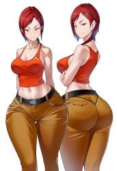 ai_generated arms_crossed back_view baggy_clothing belt cargo_pants digital_media_(artwork) female_only flat_colors front_view hairclip hips hourglass_figure light-skinned_female midriff multiple_views navel original original_artwork original_character red_hair red_head side_swept_bangs simple_background smile smirk solo solo_female tank_top thick_thighs white_background wide_hips zrhap