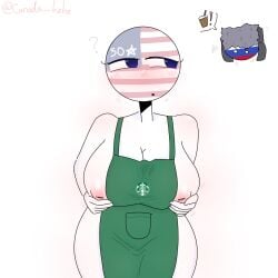 1boy 1girls apron apron_aside apron_between_breasts apron_only barista big_ass big_breasts blue_eyes countryhumans countryhumans_girl employee employee_uniform pink_nipples puffy_nipples russia_(countryhumans) starbucks united_states_of_america_(countryhumans) white_body xx.canada.xx