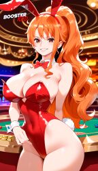 ai_generated animal_ears bare_shoulders boosterred99 bowtie brown_eyes bunny bunny_ears bunny_girl bunnysuit female female_only large_breasts leotard nami nami_(one_piece) one_piece orange_hair playboy playboy_bunny playboy_bunny_leotard ponytail seductive_look seductive_smile stable_diffusion