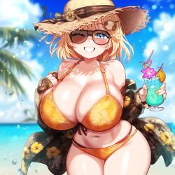 ai_generated ameanon beach big_breasts bikini blonde_hair blue_eyes breasts cleavage drink hawaiian_shirt holding_drink hololive hololive_english hololive_myth huge_breasts large_breasts mommy straw_hat sunglasses tropical_drink virtual_youtuber vtuber watson_amelia