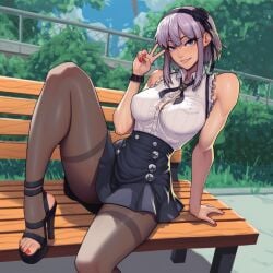 4narch157 ai_generated big_breasts blue_eyes breasts dagashi_kashi female hairband leg_up outdoors purple_hair shidare_hotaru sitting smile v_sign