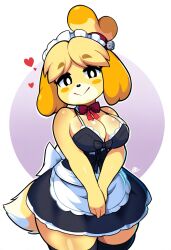 ai_generated animal_crossing anthro big_breasts black_clothing blonde_hair blush breasts canid canine canis cleavage clothed clothing dipstick_tail domestic_dog female fur hair heart hellsonger hi_res isabelle_(animal_crossing) legwear looking_at_viewer maid_uniform mammal nintendo shih_tzu simple_background smile solo tail_markings thick_thighs thigh_highs toy_dog uniform yellow_body yellow_fur