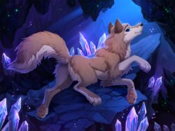 2019 aleu balto_(film) blue_eyes canid canine canis cave crystal domestic_dog female feral hioshiru mammal pawpads pussy smile solo