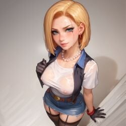 1girls ai_generated android_18 bigrx blonde_hair breasts covered_nipples crying denim_skirt dragon_ball dragon_ball_z kittew_(style) nipples runny_makeup see-through short_hair skirt solo standing stockings thighhighs wet_clothes