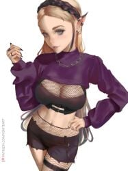 1girls black_bra black_shorts black_streaks blonde_hair bra breasts breath_of_the_wild cropped_sweater crown_braid ear_piercing earrings female female_only fishnets goth goth_girl grey_eyes hand_on_hip ignitesart large_breasts long_hair looking_at_viewer midriff navel necklace nintendo painted_fingernails princess_zelda purple_sweater rings shorts streaked_hair the_legend_of_zelda zelda_(breath_of_the_wild)