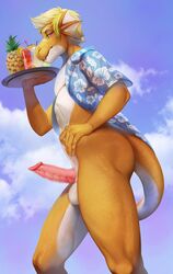 adelaherz anthro balls beverage cloud erection hair hi_res looking_at_viewer low-angle_view male male_only open-shirt outside scalie solo standing waiter