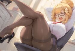 ai_generated ameanon big_breasts blonde_hair bored breasts closed_eyes glasses hair_bun high_heels hololive hololive_english hololive_myth large_breasts office office_lady pantyhose pencil_skirt shoe_dangle sitting thick_thighs tight_clothing tired virtual_youtuber vtuber watson_amelia yawn