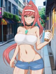 1girls big_breasts cleavage core_crystal crop_top glimmer_(xenoblade) hata_(pixiv10403940) holding_coffee_cup nintendo outside posing red_hair shorts xenoblade_(series) xenoblade_chronicles_3:_future_redeemed