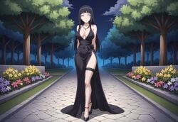 ai_generated arms_behind_back big_breasts black_hair civitai dress elegant_dress fishnets full_body high_heels hyuuga_hinata large_breasts long_hair looking_at_viewer naruto naruto_(series) naruto_shippuden necklace no_pupils purple_eyes silver_necklace small_waist stockings