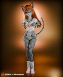 3d_(artwork) absurd_res anthro big_breasts breasts clothed clothing digital_media_(artwork) felid female footwear genitals hair hi_res hooters hooters_uniform mammal momo_(monarquis) monarquis pantherine partially_clothed pubes pussy red_hair simple_background snow_leopard socks solo