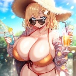 ai_generated beach big_breasts bikini blonde_hair blue_eyes breasts breasts_bigger_than_head cleavage drink hawaiian_shirt holding_drink hololive hololive_english hololive_myth huge_breasts large_breasts mole_on_breast mommy side-tie_bikini sideboob straw_hat sunglasses tropical_drink virtual_youtuber vtuber watson_amelia