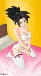 1girls bed black_eyes black_hair bra breasts dragon_ball dragon_ball_super earrings fusion fusion_character garter_belt garter_straps kefla large_breasts lingerie looking_at_viewer midriff on_bed panties pillow ponytail potara_earrings r0ckystar thighhighs white_bra white_lingerie white_panties