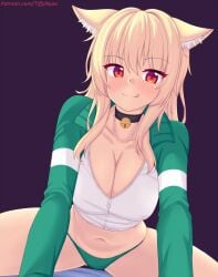 bell_collar blonde_hair breasts cat_ears catgirl choker cleavage green_panties jacket licking_lips sitting_on_lap tagme tiffy tiffynyaa