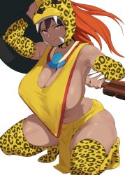 1girls aztec dark_skin huge_breasts jaguar_print kneeling large_breasts looking_at_viewer setawar_(coco) thick_thighs weapon