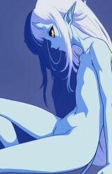 alien alien_humanoid androgynous blue_body blue_lips blue_skin completely_naked completely_nude devil_horns devil_tail flat_chest flat_chested indie_virtual_youtuber kuu_(kuutuber) kuutuber_(artist) light_blue_hair long_hair looking_away naked neutral_expression nude pointy_ears side_view simple_background sitting virtual_youtuber vtuber yellow_eyes yellow_eyeshadow