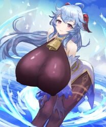 1girls big_breasts blue_hair breasts breasts_bigger_than_head female female_only ganyu_(genshin_impact) genshin_impact gloves heavy_breasts horns masamasa pose purple_eyes smile