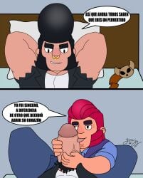 balls bara big_penis boner brawl_stars bull_(brawl_stars) clothing colt_(brawl_stars) erection gay gorrizz licking_penis male male_only muscles muscular nose_ring penis penis_out pompadour spanish_text speech_bubble