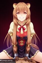 ai_generated animal_ears blank_eyes bracers brown_hair corrupted corruption dark_magical_girl dress empty_eyes evil_smile long_hair looking_at_viewer omega-weirdo orange_eyes pov racoon_girl raphtalia sex smile straddling tagme tail tate_no_yuusha_no_nariagari