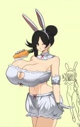 2girls animated big_breasts black_eyes black_hair bunny_ears bunny_girl carrot character_request cleavage cleavage_cutout clothing_cutout fake_animal_ears female huge_breasts looking_at_viewer miruyuyo original_character playboy_bunny rabbit_ears shorter_than_10_seconds tagme tagme_(character) twitter_link underwear vertical_video video wink yellow_background