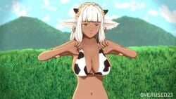 1girls 3d accident accidental_exposure adjusting_clothes animated armpits ash_(fire_emblem) bangs bare_arms bare_midriff bare_shoulders bouncing_breasts breasts breasts_out brown_eyes cleavage collarbone cow_girl cow_print cow_print_bikini dark-skinned_female dark_skin earrings female female_only fire_emblem fire_emblem_heroes grass grey_hair horns large_breasts long_hair looking_down midriff nintendo nipples outdoors overused23 pointy_ears shocked shoulders sideboob solo upper_body wardrobe_malfunction