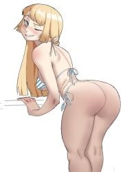 1girls ass back big_ass big_butt bikini blonde_hair blue_eyes blush breasts dairenke_art emilie_de_rochefort female huge_ass one_eye_closed smile solo striped_bikini swimsuit tekken thighs white_background