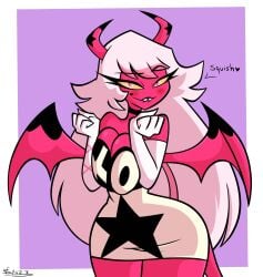 bigdad biting_lip biting_own_lip busty clothed demon demon_girl helluva_boss naughtymex pink_skin raised_eyebrow squished_breasts squishing_breasts succubus verosika_mayday_(helluva_boss) wide_hips