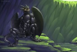 2019 3_toes abs anthro balls biceps black_skin claws digitigrade dragon ember-dragoness glowing glowing_eyes latex_skin male male_only muscular muscular_male muscular_thighs pecs penis rubber scalie sitting solo toe_claws toes western_dragon wings