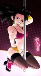 1girls black_eyes black_hair bra breasts dragon_ball dragon_ball_super earrings fusion fusion_character high_heels kefla looking_at_viewer medium_breasts midriff navel panties pink_bra pink_panties pole ponytail potara_earrings r0ckystar stripper stripper_clothes stripper_heels stripper_pole thighhighs vambraces