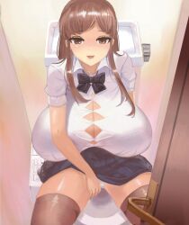 1girls big_breasts breasts breasts_bigger_than_head female masamasa only_female original smile student toilet