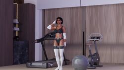 3d abs athletic_female black_hair bleached bleached_clothing bra dark-skinned_female exercise_ball exercise_bike fingerless_gloves gloves gym large_breasts overwatch pharah salute short_hair sports_bra sportswear thighhighs treadmill underwear workout workout_clothes