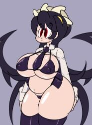 belly big_breasts bikini blush chubby filia_(skullgirls) jdkdoodles looking_down nipples skullgirls thick_thighs