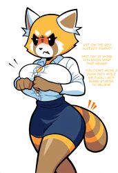 aggressive_retsuko aggretsuko ai_generated ailurid anthro big_breasts black_eyes blush bottomwear breasts clothed clothing female fur hellsonger hi_res mammal orange_body orange_fur pencil_skirt red_panda retsuko sanrio shirt simple_background skirt solo tail_through_skirt text thick_thighs topwear white_background wide_hips