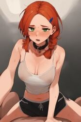 1girls ai_generated braided_hair collar dolphin_shorts female_on_top freckles ginger green_eyes highres imminent_sex moonbrideai red_hair see-through_clothing sweat tank_top