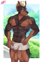 abs anthro biceps blush bodily_fluids bulge canid canine canis dobermann domestic_dog ear_piercing hi_res hiei0221 male mammal muscular muscular_male pecs piercing pinscher solo sweat tongue tongue_out