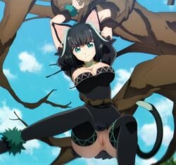 1girls animal_ears black_hair blue_eyes bondage cat_ears cat_tail catgirl cleavage edit frown isekai_shikkaku large_breasts looking_at_viewer matilda_(isekai_shikkaku) nocensorship pussy tama_(isekai_shikkaku) thick_thighs thighs