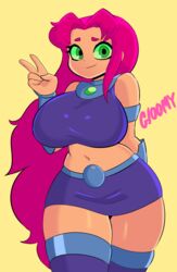 1girls 2019 5_fingers alien alien_girl alternate_breast_size ass bare_shoulders belly belly_button belt big_ass big_breasts big_butt breasts busty butt clothed clothes clothing curvy cute dc english_text eyebrows eyelashes female female_only gloomyacid green_eyes green_sclera hair hand_behind_back hips huge_ass huge_breasts huge_butt humanoid humanoid_hands large_ass large_breasts large_butt long_hair looking_at_viewer midriff miniskirt navel orange_skin peace_sign pink_hair pose posing seductive seductive_eyes seductive_look seductive_smile short_skirt simple_background skirt smile smiling smiling_at_viewer solo solo_female standing starfire tamaranean teen_titans teen_titans_go text thick thick_ass thick_thighs thigh_high_boots thighs v very_long_hair voluptuous watermark wide_hips yellow_background zettai_ryouiki