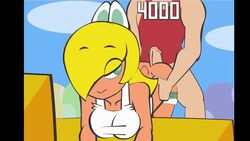 1boy 1girls animated ass bent_over blonde_hair blue_eyes bouncing_breasts breasts buttjob cleavage female from_behind hotdogging koopa koopa_girl large_breasts long_hair male mario_(series) minus8 nintendo noko_(minus8) pants_down penis sex shorts super_mario_bros. tank_top