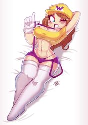 1girls armpits bed_sheet blue_eyes breasts brown_hair cleavage clothing female female_only full_body long_hair lying mario_(series) midriff nintendo oigresd on_back one_eye_closed overalls rule_63 shorts solo solo_female thigh_highs thighhighs thong wario