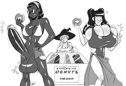 1futa 2girls aeolus06 alexandra_taye bikini_top black black_and_white blushing breast_growth dark-skinned_futanari dark_skin donut_witch_(7starsoul) doughnut futa_on_female futanari glasses growth headband huge_balls huge_breasts huge_cock japanese jean_shorts monochrome original_characters penis_growth sakura_(eimmikha) sarong short_shorts simple_background smiling sunglasses swimsuit text torn_shorts twintails white_background witch_hat