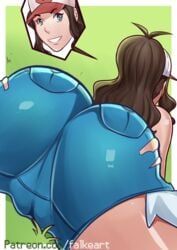 1girls alternate_eye_color ass big_ass brown_hair close-up clothed falkeart grass green_eyes hat hilda_(pokemon) huge_ass looking_away nintendo patreon pokemon pokemon_bw ponytail shorts smile straight_hair text thick_thighs url watermark wide_hips