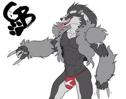 1boy 2019 5_fingers abs anthro anthrofied bara barely_visible_genitalia barely_visible_penis big_bulge biped black_ears black_fur black_mane black_nose black_sclera bulge cheek_tuft claws clothed clothing collarbone devil_horns_(gesture) dipstick_ears eyebrows fingers footprint fur fur_tuft gesture goldeyboi grey_claws grey_fur grey_penis half-length_portrait hi_res long_claws looking_at_viewer male male_only mammal mane motion_lines multicolored_ears multicolored_fur muscular muscular_male mustelid navel nintendo no_nipples obstagoon open_mouth open_smile original_character pawprint pecs penis penis_base pink_eyes pink_tongue pokémon_(species) pokemon pokemon_ss pokemorph portrait prick_ears red_clothing sharp_teeth shoulder_tuft simple_background skimpy slit_pupils smile smirk smug snout solo standing teeth thong tongue tongue_out topless tuft two_tone_ears two_tone_fur video_games watermark white_background white_ears white_fur