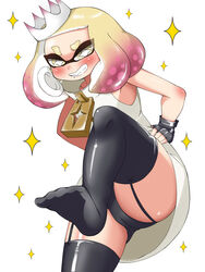 1girls black_gloves black_thighhighs blush cephalopod cephalopod_humanoid crown feet female female_only fingerless_gloves garter_straps gloves humanoid inkling looking_at_viewer marine marine_humanoid nintendo pearl_(splatoon) pengin_maru smile solo splatoon splatoon_2 tentacle_hair thick_thighs thighhighs thighs yellow_eyes zipper_pull_tab