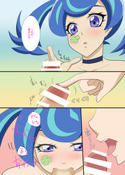 1boy 1girls bar_censor blue_angel blue_eyes blue_hair blush censored fellatio female japanese_text motion_lines necklace penis tattoo thought_bubble translated twintails yu-gi-oh! yuu-gi-ou_vrains zaizen_aoi