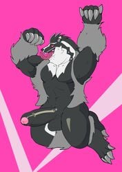 1boy 2019 4_toes 5_fingers abs absurd_res action_pose anthro arm_tuft armpits badger balls ballsack big_muscles big_penis big_testicles biped black_fur black_markings black_nose black_penis cheek_tuft claws dipstick_ears doggonut eye_contact eye_markings facial_markings fangs foreskin full-length_portrait fur fur_tuft glans glistening glistening_penis grey_claws half-closed_eyes head_markings hi_res huge_penis humanoid_penis intact jumping leg_tuft long_tongue looking_at_viewer male male_only mammal mane markings multicolored_ears muscular muscular_male muscular_thighs mustelid navel navel_rim neck_muscles nintendo no_nipples nude obstagoon open_mouth partially_retracted_foreskin pecs penis pink_background pink_glans pink_tongue pokémon_(species) pokemon pokemon_ss pokemorph prick_ears raised_arm scrotum semi-erect simple_background smile snout solo straight_hair suspended_in_midair testicles thick_thighs thisishomo toe_claws toes tongue tongue_out tuft two_tone_ears uncut veiny_penis video_games white_ears wide_hips