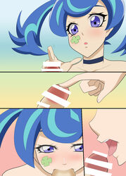 1boy 1girls bar_censor blue_angel blue_eyes blue_hair blush censored fellatio female necklace penis tattoo textless twintails yu-gi-oh! yuu-gi-ou_vrains zaizen_aoi