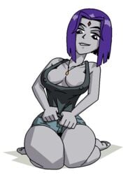 alternate_breast_size animated big_breasts bouncing_breasts breast_squeeze breasts clothing_pull dboy dc dc_comics erect_nipples female female_only frame_by_frame grey_nipples jean_shorts large_breasts necklace nipple_slip nipples rachel_roth raven_(dc) shorts tank_top teen_titans white_background