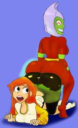 2015 2girls ass ass_expansion ass_to_ass big_ass breasts butt_expansion butt_witch digital_media_(artwork) female female_only female_protagonist human humanoid kneeling leggings olivano orange_hair red_skin reggie_(twelve_forever) simple_background torn_clothes twelve_forever yuri