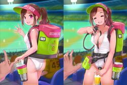 baseball beer between_breasts big_breasts bleachers himeshaga one-piece_swimsuit open_clothes stadium