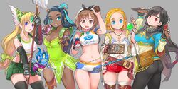 5girls abs alternate_breast_size ass atelier_(series) atelier_ryza belly belt big_breasts black_hair blonde_hair blue_eyes blue_hair bottle breasts breath_of_the_wild brown_eyes brown_hair candy cleavage cosplay costume_switch crossover demigoddess dress earrings eye_contact female_only final_fantasy final_fantasy_vii fingerless_gloves gloves himeshaga holding hourglass_figure hylian large_breasts long_hair looking_at_viewer medium_breasts midriff navel nessa_(pokemon) pants poke_ball pokemon pokemon_ss princess_zelda red_eyes reisalin_stout ribbon riesz seiken_densetsu seiken_densetsu_3 shirt short_hair skin_tight smile tears_of_the_kingdom the_legend_of_zelda thick_thighs thighhighs tifa_lockhart wide_hips zelda_(tears_of_the_kingdom) zettai_ryouiki